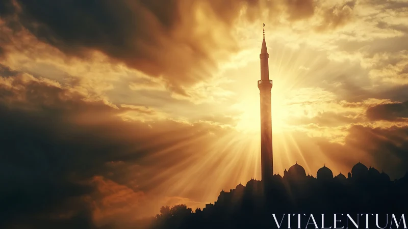 Golden dusk over minaret and softly glowing skyline.