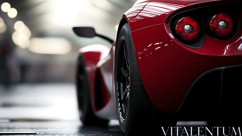 Rear three-quarter view of red supercar with shallow depth-of-field