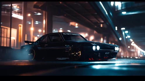 Modified classic coupe in night urban parking structure.
