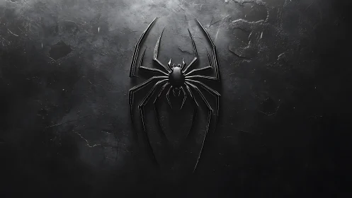 High gloss black spider emblem on distressed metal surface