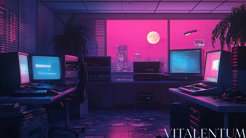 Retro cyberpunk office with neon pink night skyline.