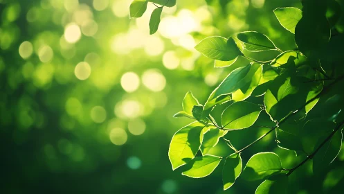 Sunlit Green Leaves with Soft Bokeh Background, Nature Photography.