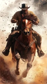 Mounted rider advances through airborne dust and debris