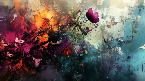 Chromatic floral vectors piercing turbulent abstract field.