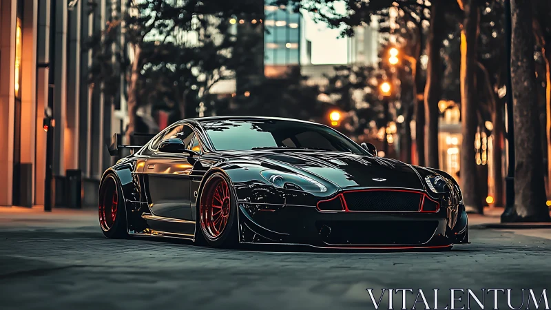 Lowered black supercar with red trim on city street at dusk.
