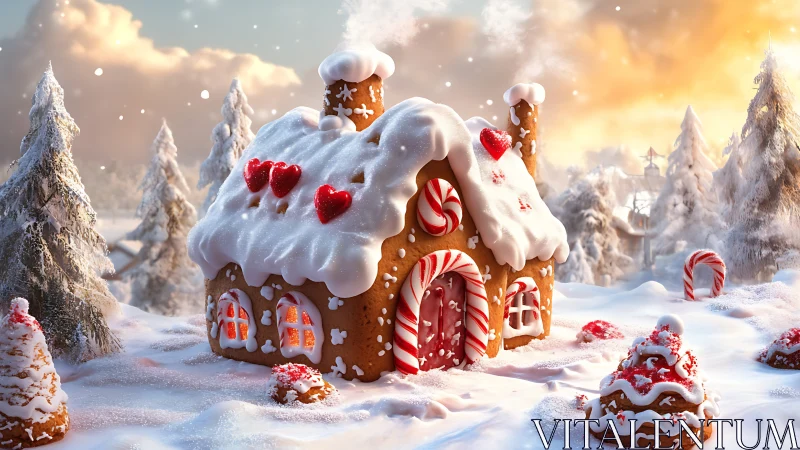 Snowy gingerbread cottage glows with warm candy lights.