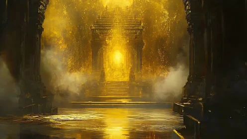 Golden temple gate gleams through mist and ancient ruins.