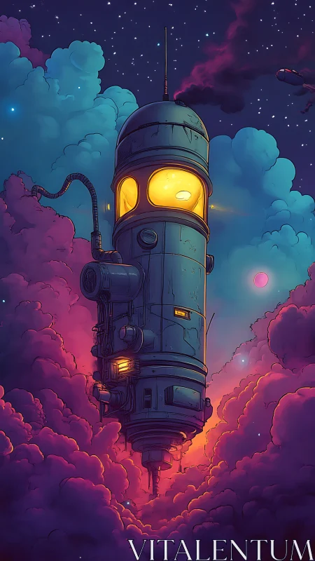 Vertical rocket tower drifting through colorful nebula clouds.