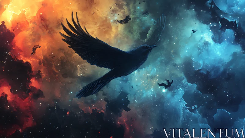 Cosmic bird silhouette soars through radiant nebula skies.