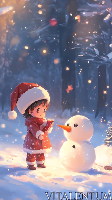 Child in red coat building snowman in glowing winter forest.