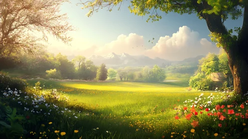 Sunlit wildflower meadow opening toward calm mountain views.