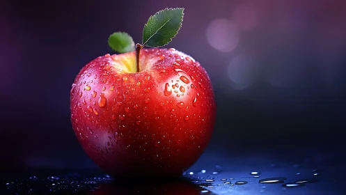 Red apple with water droplets rests on reflective dark surface
