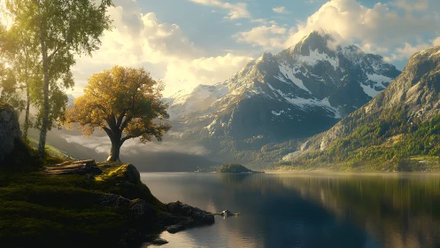Serene mountain lake landscape with lone golden tree.