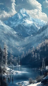Snow covered mountain towers above frozen river valley