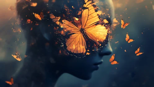 Human silhouette with dissolving orange butterfly mask.