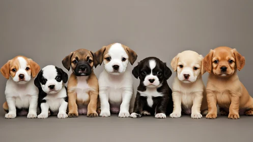 Row of multicolored puppies on neutral studio backdrop.