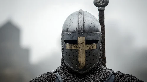Crusader visor close-up with chainmail and arming sword backdrop.