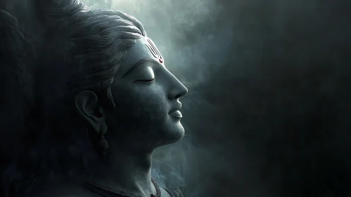 Stone deity profile emerges through smoky diffused light.