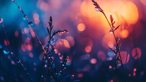 Macro plant stems with water droplets in bokeh light field.
