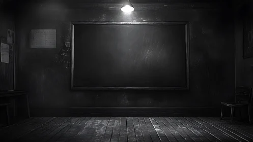 Noir classroom interior with empty chalkboard focal frame.