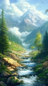 Luminescent alpine cascade beneath snow-covered mountain ridge