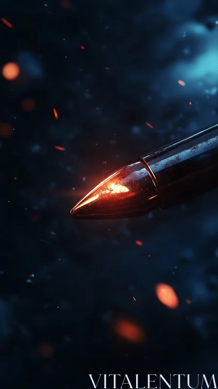 Close-up view of glowing bullet in motion against dark field.