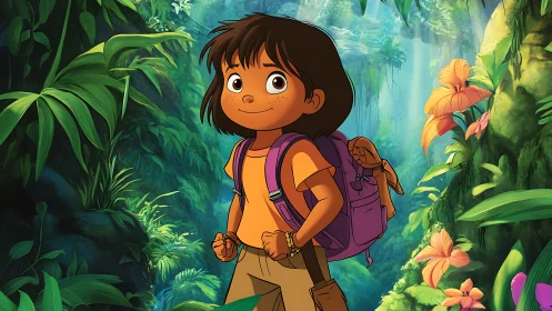 Young animated explorer in lush tropical rainforest scene