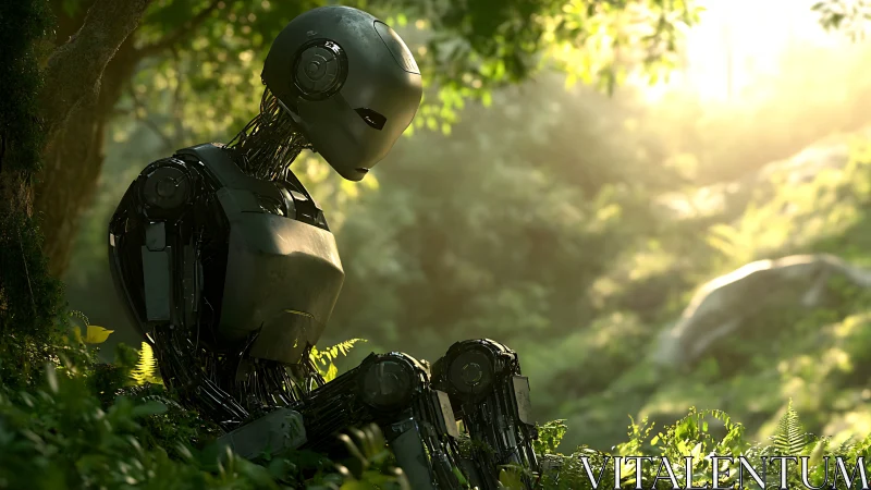 Solitary robot resting in sunlit forest clearing at dawn.