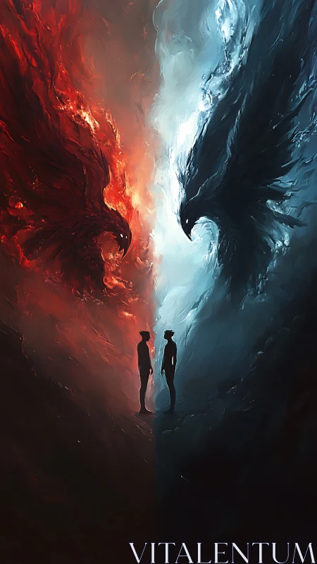 Fire and ice spirits confronting within divided abyss.