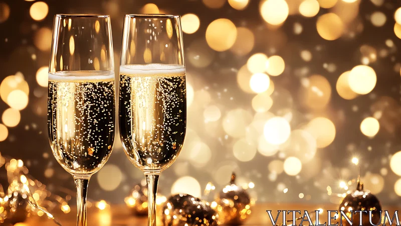 Golden champagne flutes sparkle against festive lights