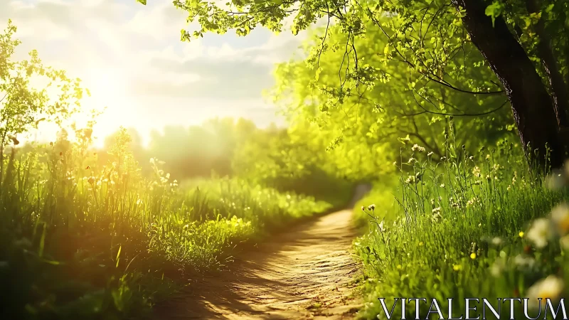 Sunlit Forest Path with Lush Greenery in Soft Morning Light.