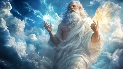 Storm-brewing sky elder wrapped in roaring celestial light.