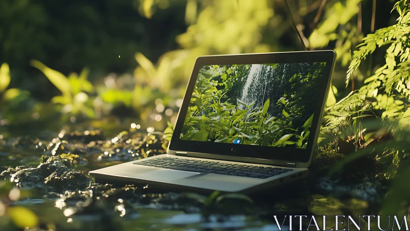 Laptop daydreams in a forest stream of liquid sunlight.