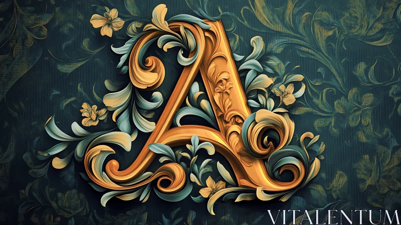 Golden letter A wrapped in lush teal and blossom curls.
