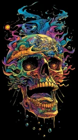 Psychedelic skull landscape swirling with cosmic decay.