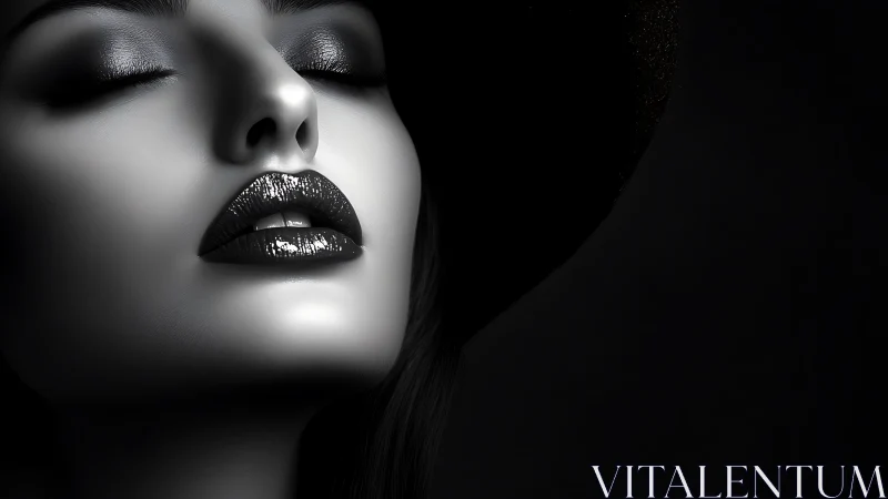 Monochrome portrait showcases glossy lips and shadowed calm
