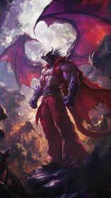 Horned humanoid with wings stands over demonic landscape