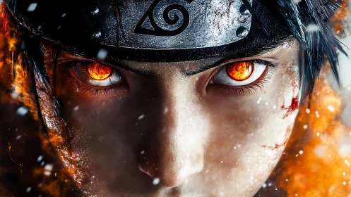 Fiery-eyed warrior close-up with forged metal headband.