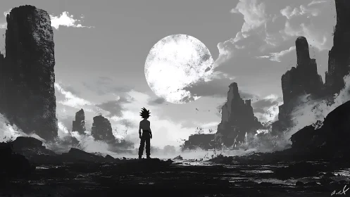 Lone spiky-haired figure surveying monolithic lunar wasteland.