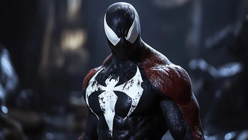 Brooding symbiotic hero poised in a rain slicked city night.