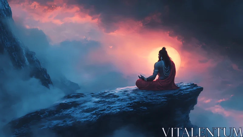 Meditative ascetic on glacial cliff against radiative sunset.