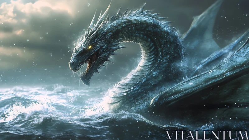 Sea dragon rises through storm waves under cold dawn light