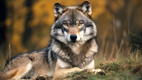 Gray wolf resting on autumn grass in soft golden light.