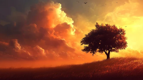 Lone deciduous tree on windblown field at dramatic sunset sky