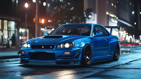 Blue modified sports coupe is parked on wet city street