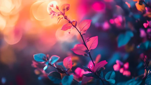 Neon bokeh garden leaves under glowing sunset light