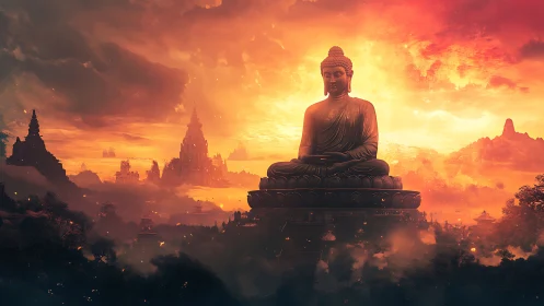 Buddha statue is centered before distant temples at sunset