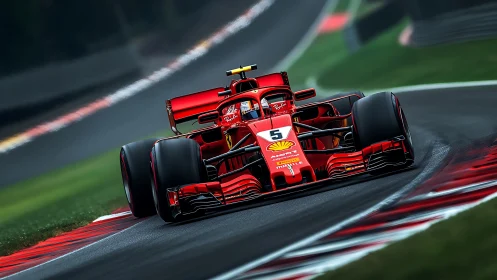 Red Formula 1 car attacking wet high-speed circuit apex.