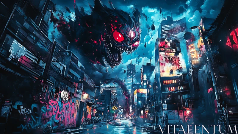 Neon soaked city street faces a colossal glowing eyed monster