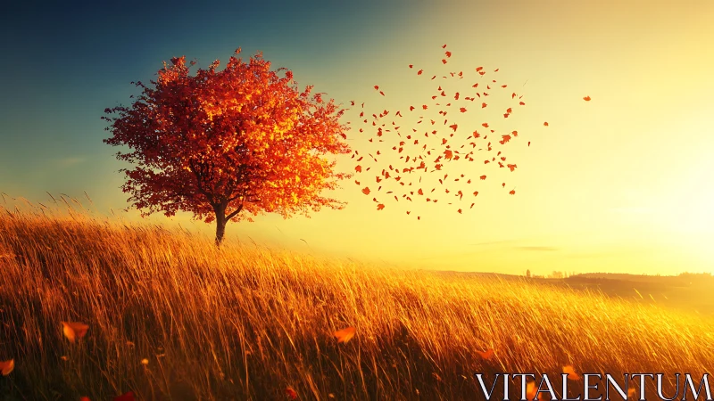 Backlit autumn tree dispersing leaves across sunlit hillside